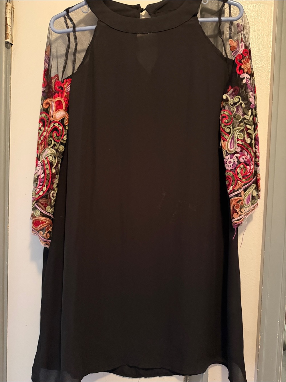 SHEIN Black Shift Dress with Embroidered Sheer Long Sleeves